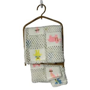 Vintage Handmade baby throw afghan crochet blanket animals 43"x‎ 39"